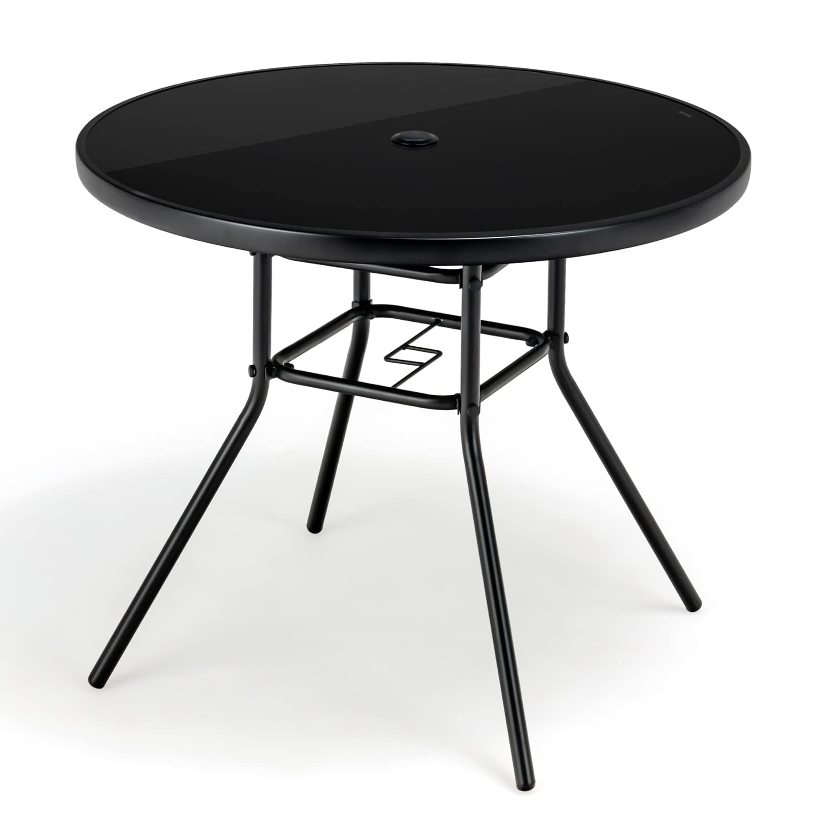 Table de salle à manger Tangkula de 34 pouces pour patio, table ronde en verre trempé avec trou de parasol de 1,5 po